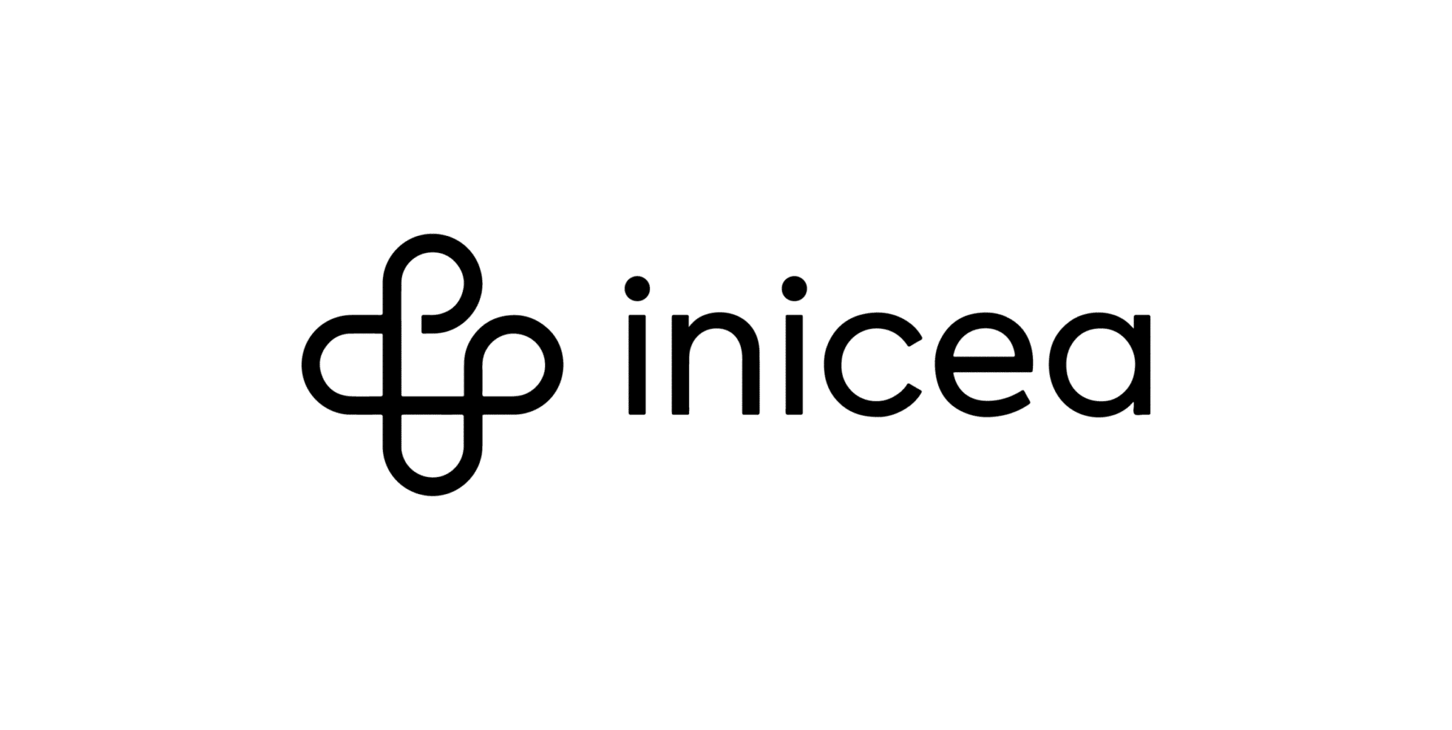 Logo géométrique noir ressemblant à des boucles reliées entre elles, suivi du mot inicea en minuscules modernes et arrondies, reflétant le bien-être et la santé, sur un fond gris clair.