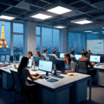 Bureau moderne avec des personnes travaillant sur ordinateur le soir, de grandes fenêtres révélant la Tour Eiffel illuminée sur fond de ciel bleu, et des tableaux numériques sur un mur de verre - idéal pour les agences génération leads à Paris.