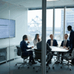 Six professionnels discutent de la génération de leads B2B à Bruxelles dans un bureau moderne aux murs de verre ; l'un d'eux fait une présentation tandis que les autres sont assis autour d'une table de conférence, les bâtiments de la ville étant visibles à travers de grandes fenêtres et une présentation s'affichant sur l'écran mural.