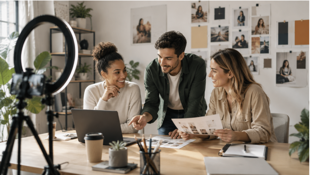 Trois personnes travaillent ensemble à un bureau, entourées d'un ordinateur portable, de documents et d'un café. Les plantes à proximité et une lampe annulaire créent une ambiance particulière, tandis que les créations et les photos accrochées au mur reflètent l'énergie des meilleures agences de communication en France.