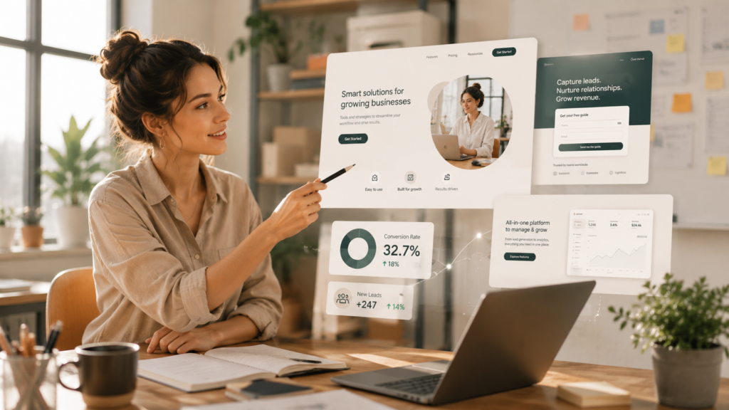 Une femme assise à son bureau pointe du doigt des analyses commerciales numériques et des graphiques flottant sur un écran transparent ; à ses côtés, on aperçoit un ordinateur portable, un cahier et une plante, le tout dans un décor de bureau moderne — une source d'inspiration idéale si vous souhaitez créer une page d'accueil mettant en avant des solutions d'analyse innovantes.