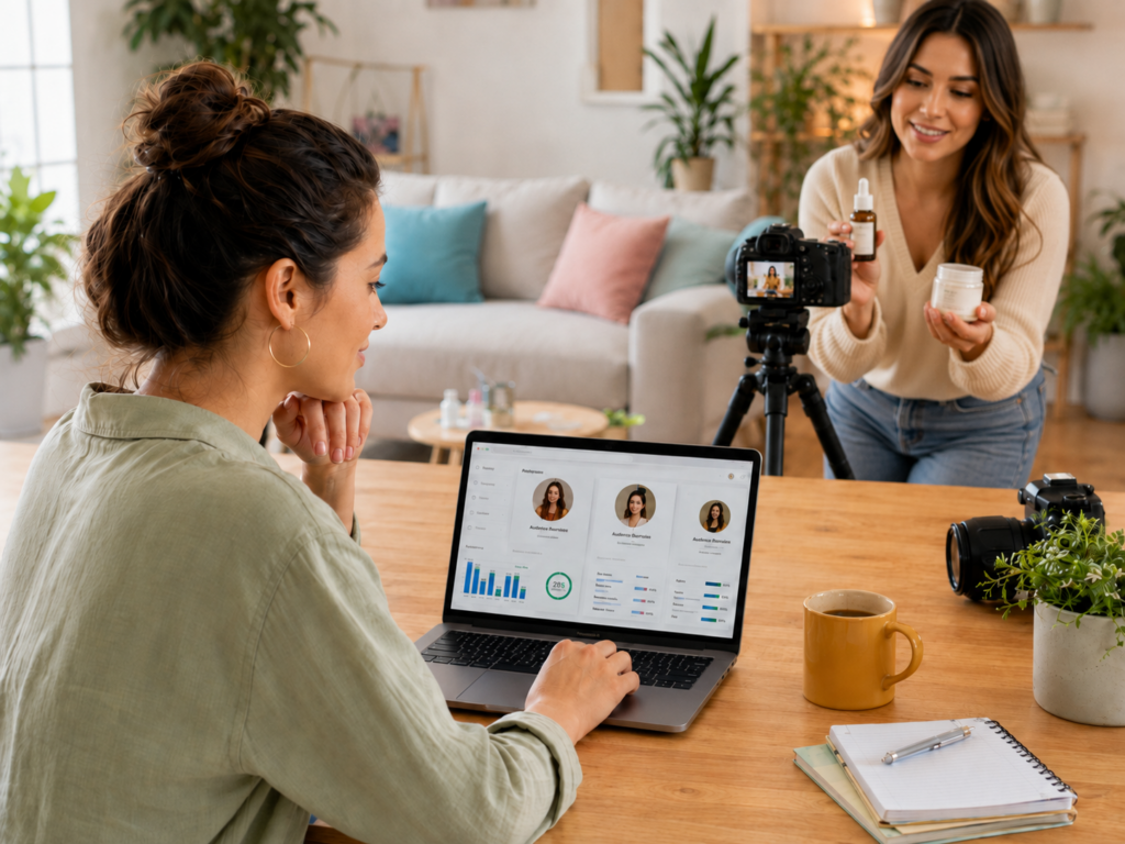 Deux femmes travaillent ensemble ; l'une filme avec une caméra tout en tenant des produits de soin pour la peau, se demandant quel influenceur choisir pour leur prochaine collaboration, tandis que l'autre tape sur un ordinateur portable affichant des statistiques. Du café, un cahier et un stylo sont posés sur la table en bois d'un salon chaleureux.