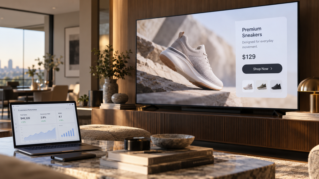Dans un salon, un téléviseur diffusant une publicité pour des baskets haut de gamme se trouve derrière un ordinateur portable affichant les statistiques de performance du site de vente en ligne LC+.