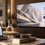 Dans un salon, un téléviseur diffusant une publicité pour des baskets haut de gamme se trouve derrière un ordinateur portable affichant les statistiques de performance du site de vente en ligne LC+.